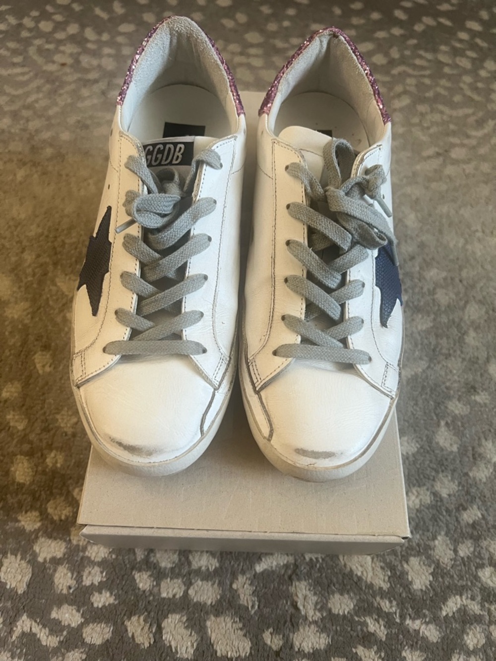 Golden Goose White Sneakers with Pink Glitter Heel and Navy Star - Picture 8 of 8